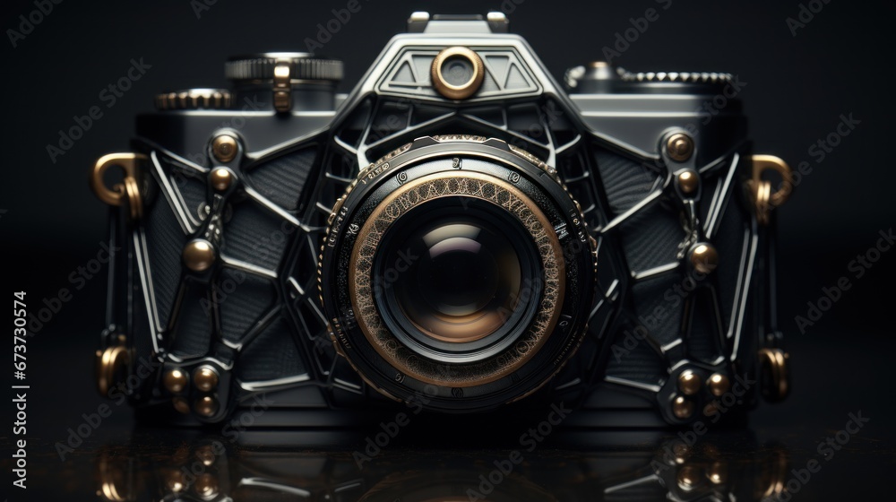 Vertical close-up image of fashion and creatively designed, retro vintage old photo camera. Film camera in unusual modern abstract case. Concept of technology, creativeness. Ad