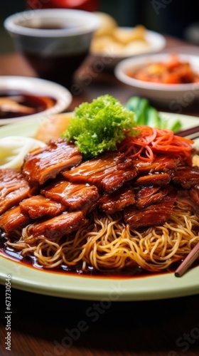 Close-up of a plate of noodles and meat on wooden table. Noodles and the meat is tender and flavorful. Dish is garnished with green onions and sesame seeds. Concept of restaurant menu, food, catering. © Lustre