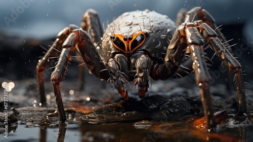 Wolf spider standing in puddle of water. Spider's eight legs spread out wide, and its body raised slightly off surface of water. Its eyes bright and alert, and its fangs visible. Concept of wild life