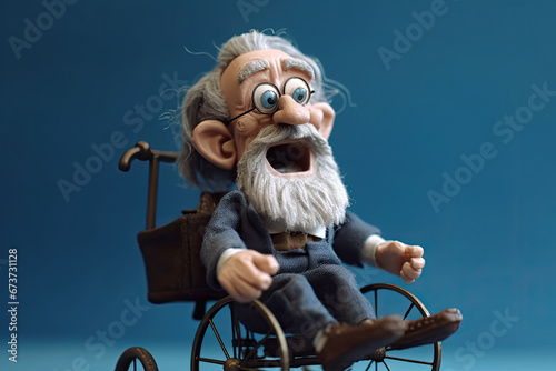 3D rendering in cartoon style depicting an elderly man in a wheelchair.