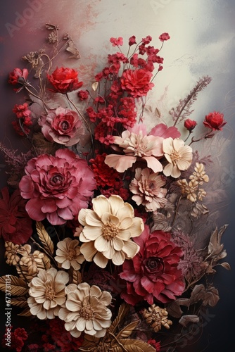 Realistic Flower Bouquet Border on Textured Beige Paper. Vintage Style Backdrop.