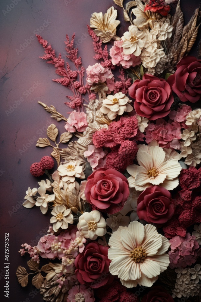 Realistic Flower Bouquet Border on Textured Beige Paper. Vintage Style Backdrop.