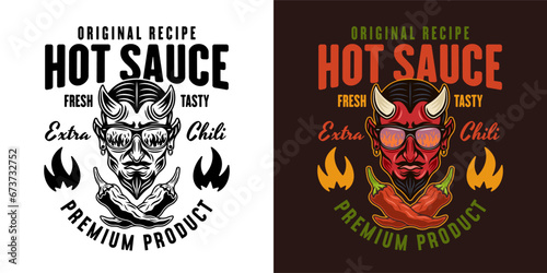 Hot sauce vector emblem, label, badge with devil head illustration in two styles black on white and colorful
