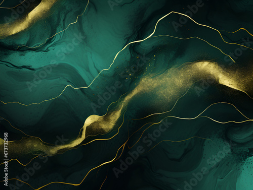 Abstract dark green ink acrylic splashes background with fine golden elements 