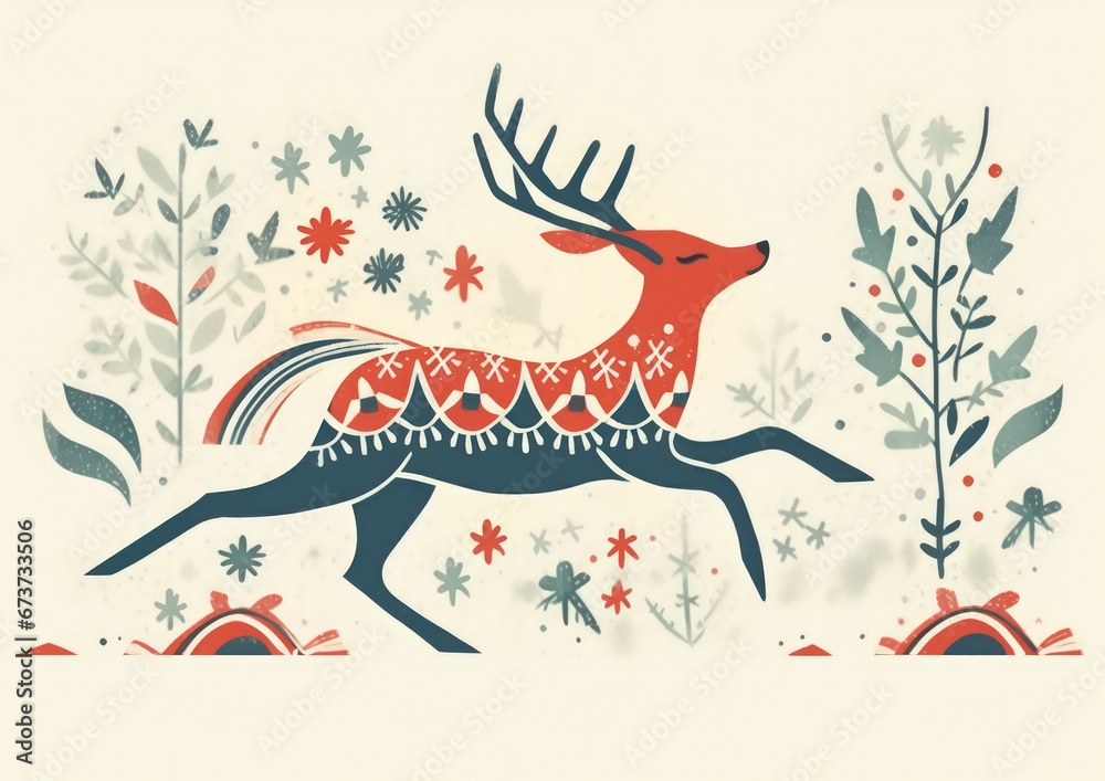 Naklejka premium beautiful ornamented scandinavian folklore style deer, suitable for christmas greeting cards - ai-generated