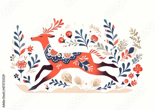 beautiful ornamented scandinavian folklore style deer  suitable for christmas greeting cards - ai-generated