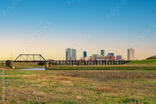 skyline of Fort worth seen from the river Trinity park, Texas