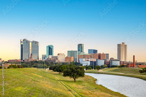 skyline of Fort worth seen from the river Trinity park, Texas photo
