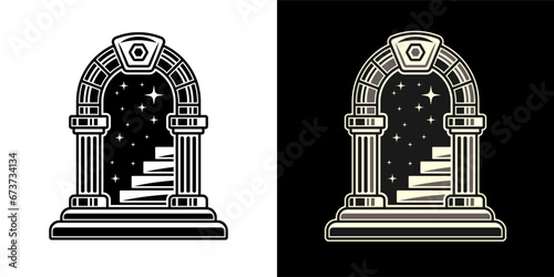 Mystery staircase to heaven traditional tattoo in two styles black on white and on dark background