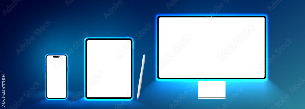 Laptop Computer, Mobile Phone and Tablet PC Mock up. Abstract smart device glowing in dark. Realistic high-detailed technology devices set. Vector illustration. Laptop Computer, Mobile Phone and Tablet PC Mock up. Abstract smart device glowing in dark. Realistic high-detailed technology devices set. Vector illustration.