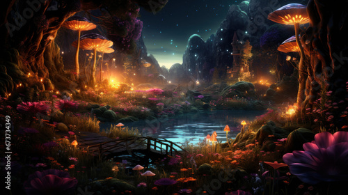 fantasy fabulous forest, at night, lights, grass, vibrant colour