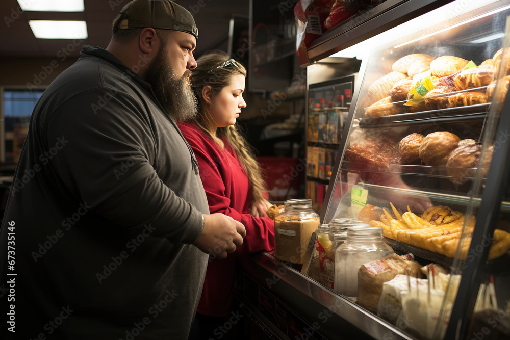 Man, woman with overweight, obesity against the background of products, food. AI generated. - obrazy, fototapety, plakaty 