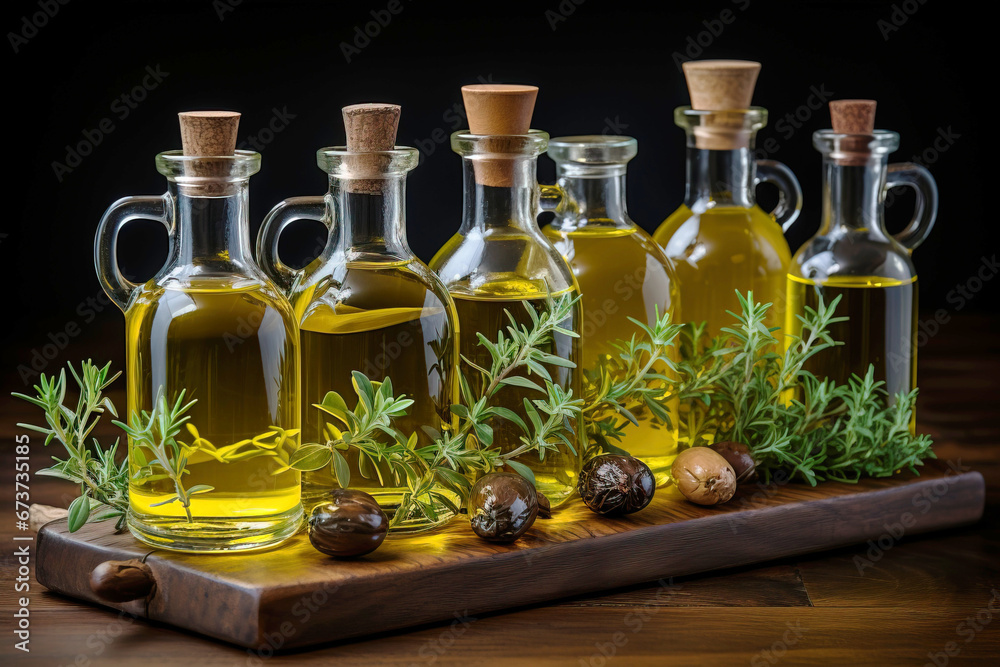 Options in a row olive oil in bottles, dark background, rosemary leaves. AI generated.
