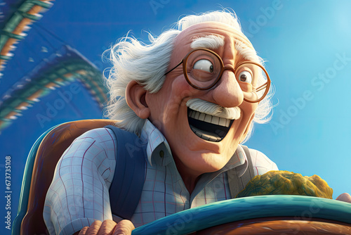 A cartoon style 3D rendering of an elderly man riding a roller coaster.