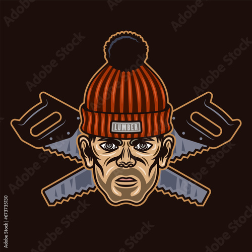 Lumberjack head in knitted hat with bristle and two crossed saws. Vector character illustration in colored style on dark background