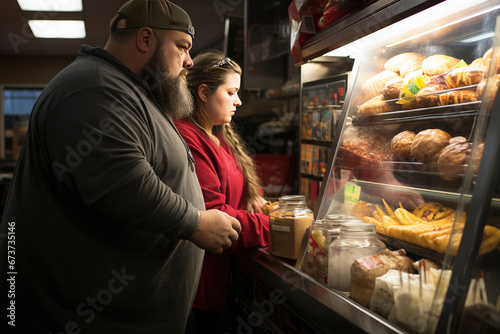 Man, woman with overweight, obesity against the background of products, food. AI generated. photo