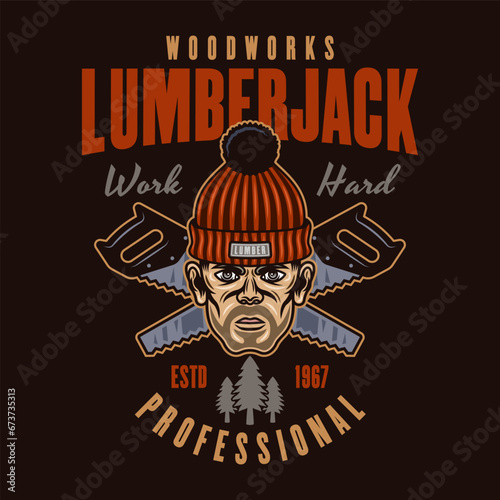 Lumberjack head in knitted hat and crossed saws vector emblem in colored style on dark background