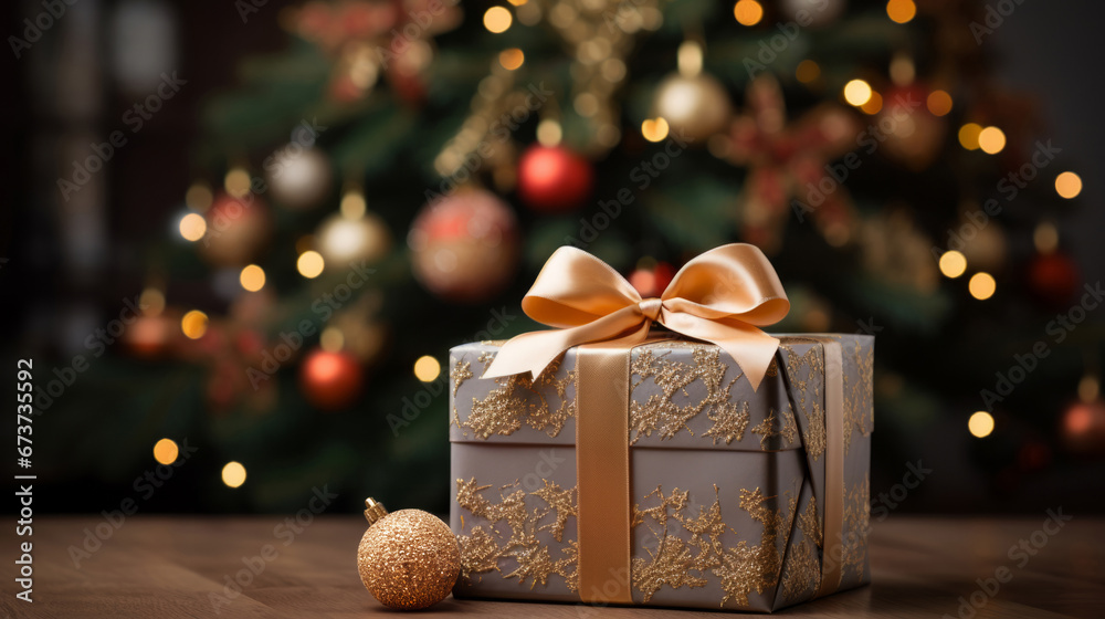 Gift box with bow, on table with blurred lights. Gift box with bow, on table with blurred lights.