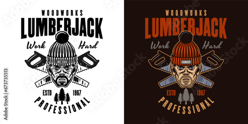 Lumberjack head in knitted hat and crossed saws vector emblem in two styles black on white and colorful