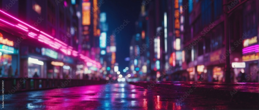 Wet asphalt. Blurred neon lights background. Neon city lights in bokeh style. Futuristic wallpaper. Wide angle shot.