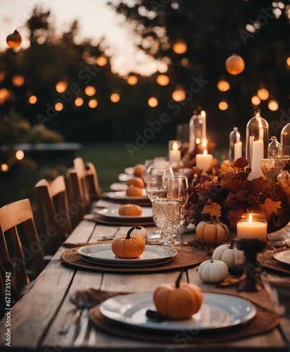 Autumn outdoor dinner table on patio  sunset
