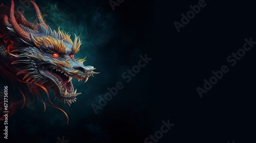 Dragon background and copy space , Chinese New Year, dark background, generative ai © Nia™