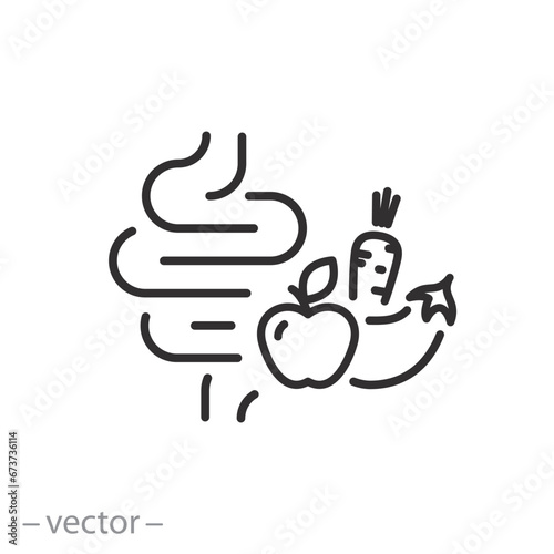 dietary food icon, dietary fibre, good digestion, intestines with vegetable, thin line symbol on white background - editable stroke vector illustration