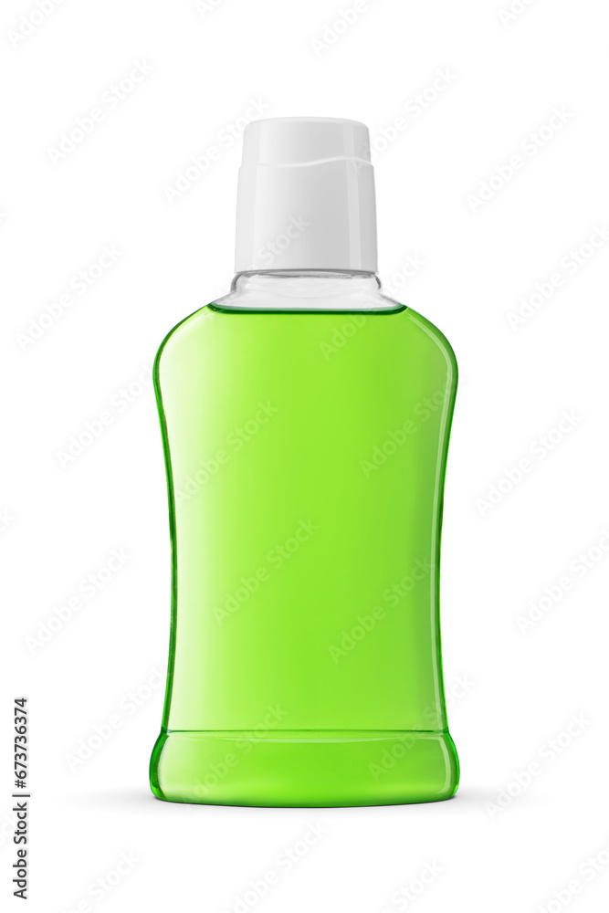 Fotografie Green water mouthwash in plastic bottle isolated