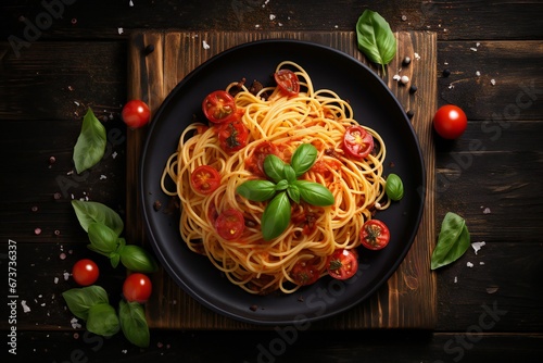 Italian spaghetti with basil garnish and herbs on black wooden board background, Plate of delicious Italian pasta on dark wood table counter, text copy space, top down view, flat lay