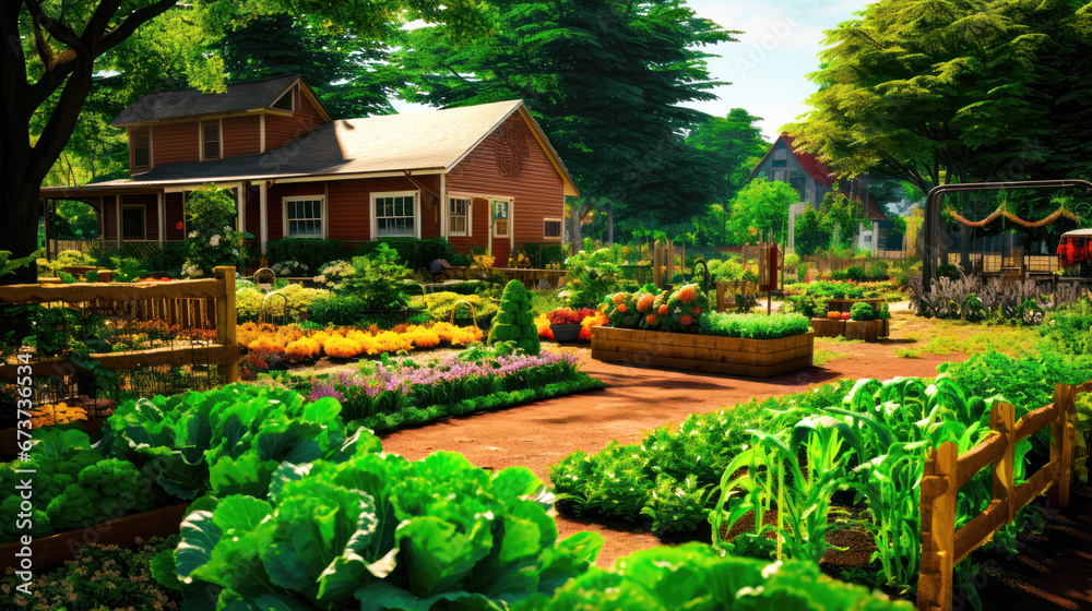 Lush Suburban Community Garden with Variety of Plants and Vegetables