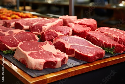 Different cuts of fresh raw red meat in supermarket, variety of prime meat steaks, angus, T-bone, ribeye, striploin, tomahawk on display in a grocery store meat counter