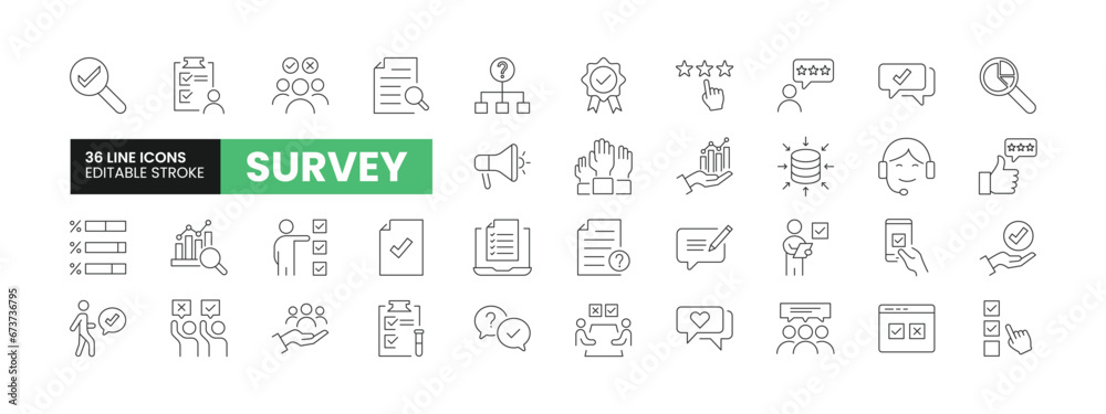 Set of 36 Survey and Feedback line icons set. Survey outline icons with editable stroke collection. Includes Online Survey, Feedback, Data Collection, Quality, Satisfaction, and More.