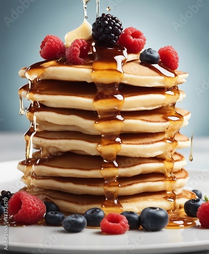 Delicious pancake with honey and fruits at kitchen, exploding ingredients. copy space for text photo