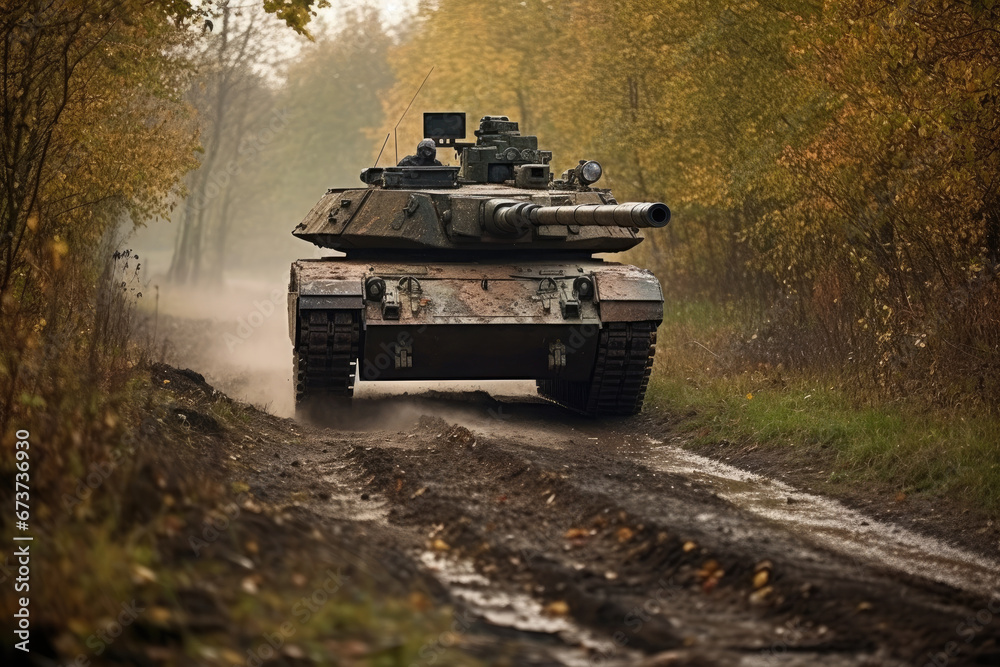 Fototapeta premium a tank drives along a road through a forest.