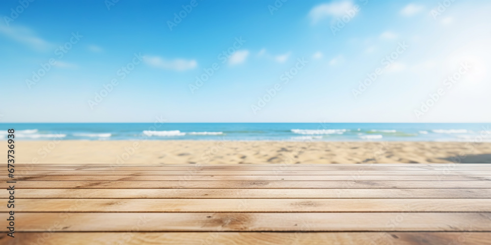Wood table mockup with blue soft sky background. Empty copy space for product presentation. Generative AI Wood table mockup with blue soft sky background. Empty copy space for product presentation. Generative AI