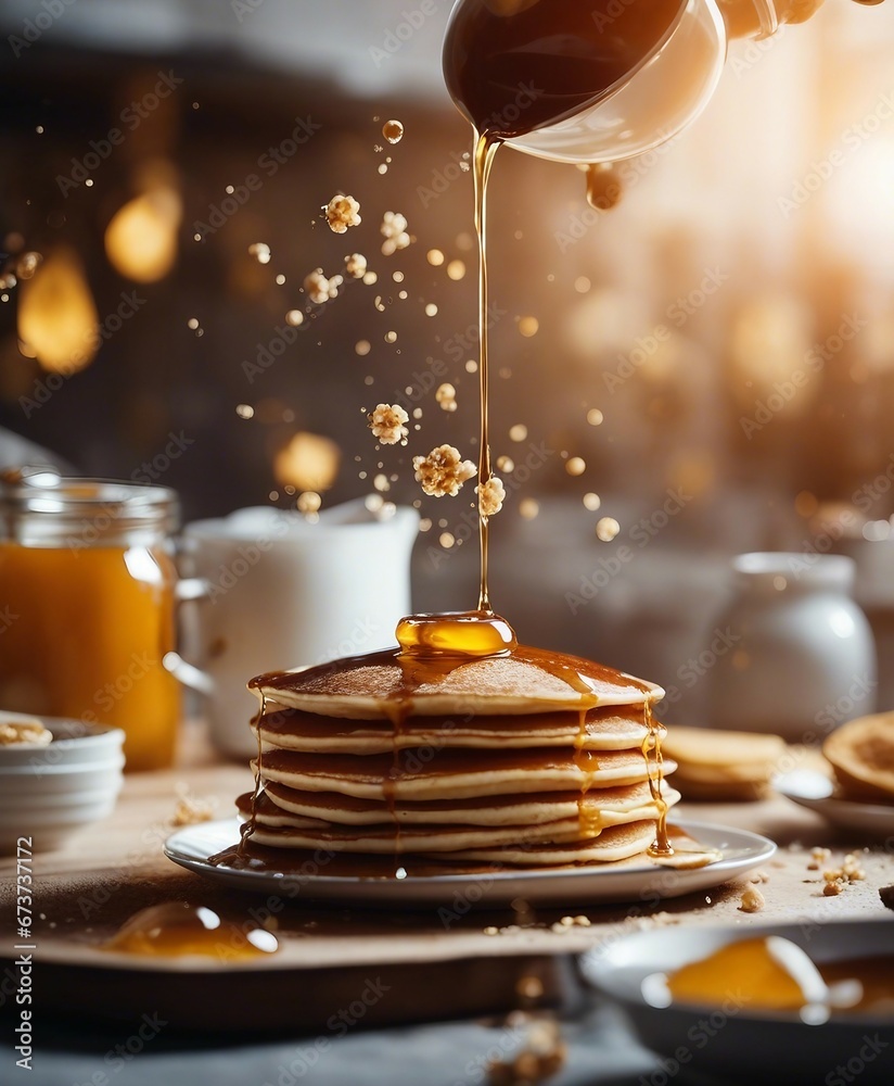 Delicious pancake with honey and fruits at kitchen, exploding ingredients. copy space for text Delicious pancake with honey and fruits at kitchen, exploding ingredients. copy space for text