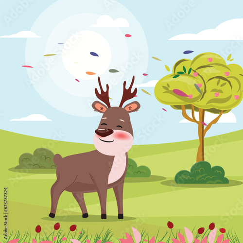 Beautiful illustration of a cute reindeer on the spring landscape background.