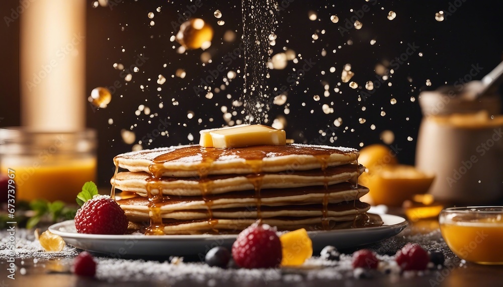 Delicious pancake with honey and fruits at kitchen, exploding ingredients. copy space for text

