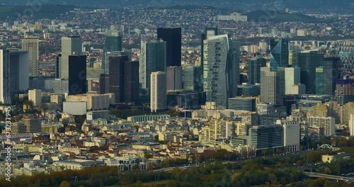 Aerial view of La Defense discrict in city of Paris, business district, capital city of France in sunny day photo