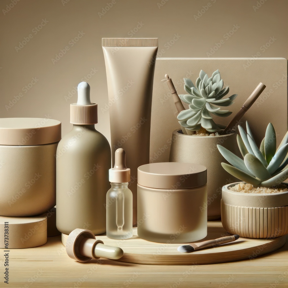 An earthy oasis blooms with serene beauty as a group of beige containers, adorned with a vibrant succulent plant, create a stunning natural mockup for indoor face care and beauty products on a table An earthy oasis blooms with serene beauty as a group of beige containers, adorned with a vibrant succulent plant, create a stunning natural mockup for indoor face care and beauty products on a table