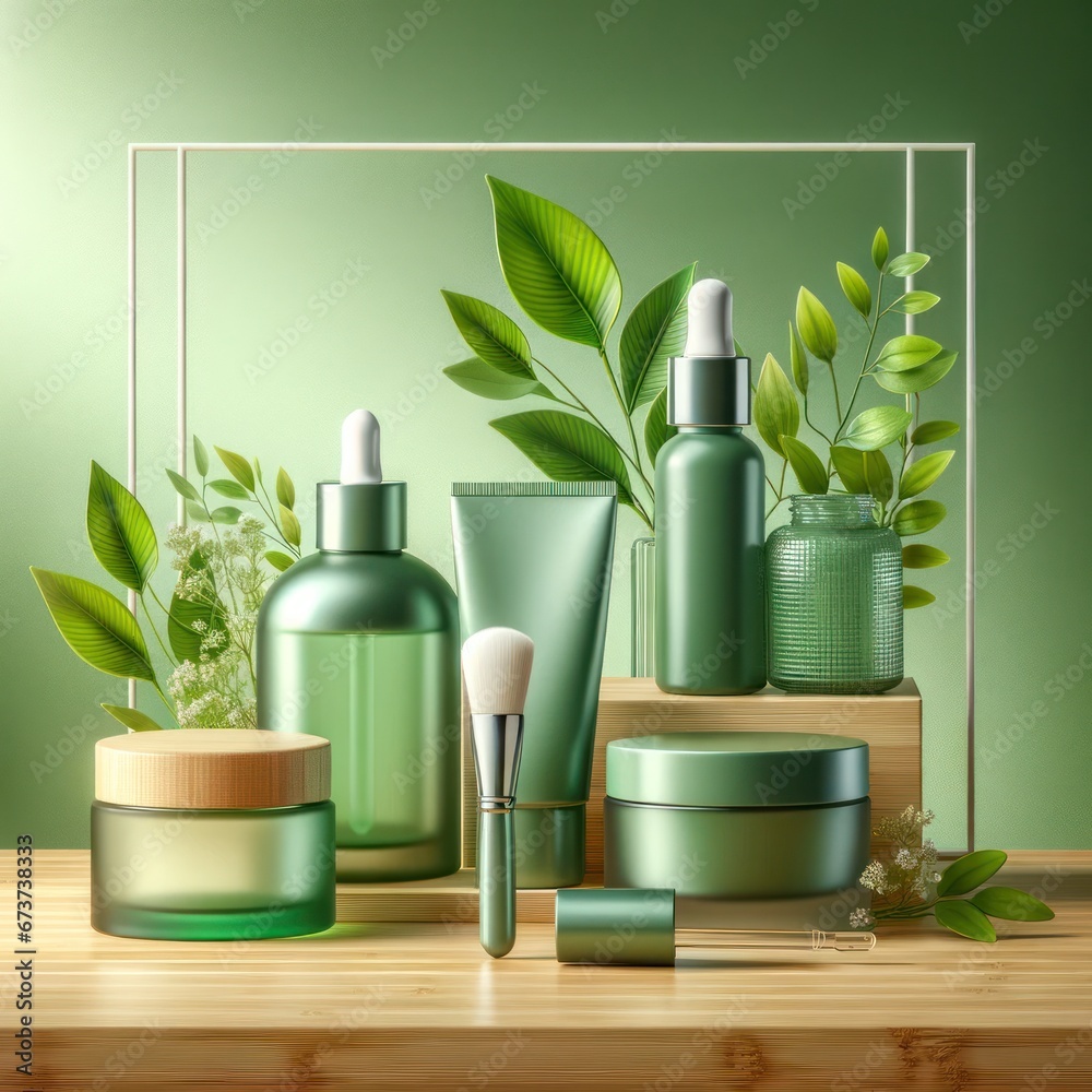 Invigorate your senses with a vibrant tableau of natural beauty - lush green containers overflowing with nourishing face care products, arranged on a table against a wall with variety of potted plant Invigorate your senses with a vibrant tableau of natural beauty - lush green containers overflowing with nourishing face care products, arranged on a table against a wall with variety of potted plant