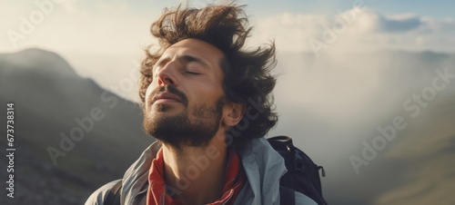 Close-up of a man breathing in fresh air on hiking trail or meditation for mental health
