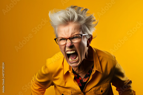 Angry senior Caucasian woman with glasses yelling, head and shoulders portrait on yellow background. Neural network generated image. Not based on any actual person or scene. photo
