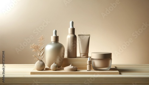 Organic beauty takes center stage as a group of cream bottles and containers sit elegantly on a table, surrounded by natural elements and a stunning wall design, evoking a sense of calm and luxury