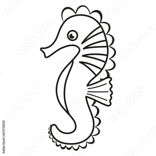 vector illustration of cute cartoon seahorse in flat style isolated on white, black and white card of sea animal character