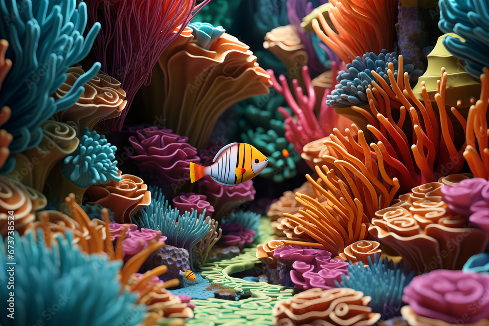 An artistic 3D render full of life, showcasing tropical fish swimming in the blue sea amidst coral reefs, perfect for a nature-themed wallpaper.