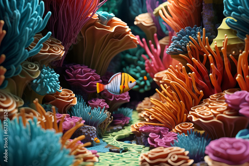 An artistic 3D render full of life, showcasing tropical fish swimming in the blue sea amidst coral reefs, perfect for a nature-themed wallpaper.