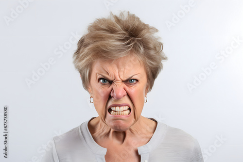Angry senior Caucasian woman yelling, head and shoulders portrait on white background. Neural network generated image. Not based on any actual person or scene. photo