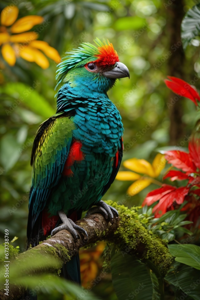 A resplendent quetzal with dazzling plumage takes center stage in dense Brazilian tropical rainforest where sunlight filters through the lush green canopy. Generative AI.
