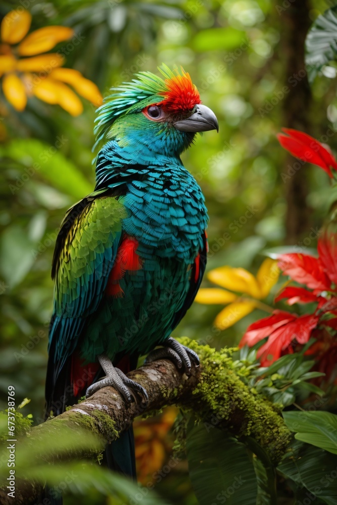 A resplendent quetzal with dazzling plumage takes center stage in dense Brazilian tropical rainforest where sunlight filters through the lush green canopy. Generative AI. A resplendent quetzal with dazzling plumage takes center stage in dense Brazilian tropical rainforest where sunlight filters through the lush green canopy. Generative AI.